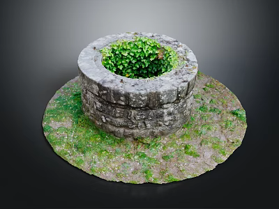 Round Stone Well Structure Featuring Green Plants And Surrounding Grass Area 3d model
