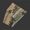 3D Terrain Model Featuring Farm Fields Winding Paths Houses And Trees