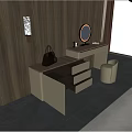 Modern Dressing Table With Dark Brown Wooden Top Beige Drawers Round Mirror And Beige Stool