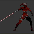 Detailed Red Armored Warrior Character In Battle Stance With Red Lightsaber