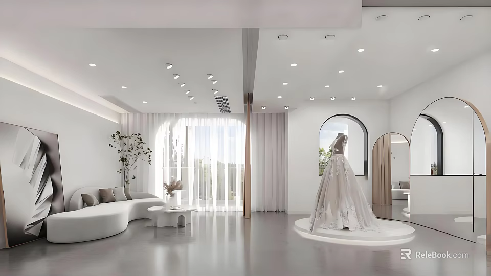 Bridal Shop Interior Design With White Wedding Dress Display Soft Lighting And Modern Decor 3d model 