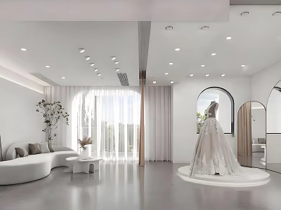 Bridal Shop Interior Design With White Wedding Dress Display Soft Lighting And Modern Decor 3d model