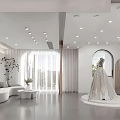 Bridal Shop Interior Design With White Wedding Dress Display Soft Lighting And Modern Decor