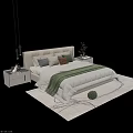 Modern Double Bed with Upholstered Headboard Colorful Pillows Green Blanket Nightstand and Rug Decor