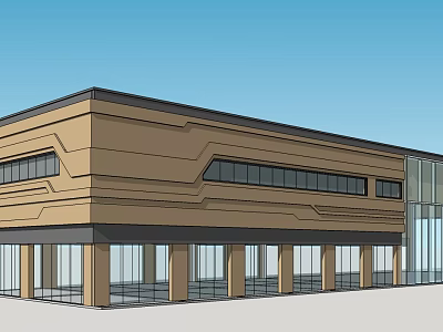 Modern Commercial Building Featuring Brown Exterior Glass Windows And Ground Floor Columns 3d model