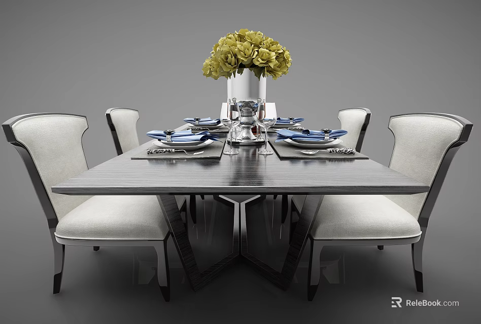 Elegant Dining Table Set With White Upholstered Chairs And Yellow Flowers In Vase 3d model 