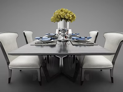 Elegant Dining Table Set With White Upholstered Chairs And Yellow Flowers In Vase 3d model