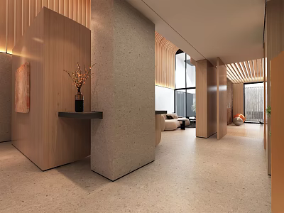 Modern Basement Interior With Wooden Accents Concrete Walls Open Layout And Decorative Plants 3d model