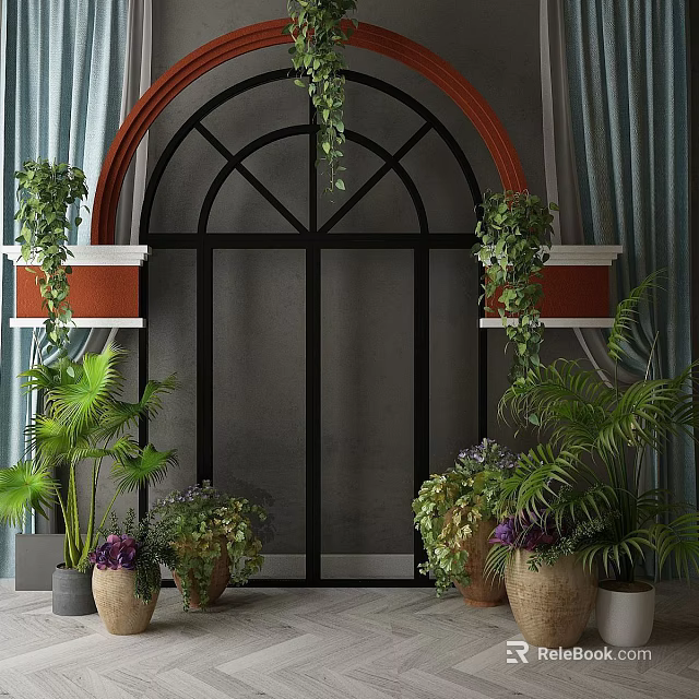 Stylish Storage Lockers With Arch Design And Surrounding Green Plant Decorations 3d model 