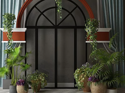 Stylish Storage Lockers With Arch Design And Surrounding Green Plant Decorations 3d model