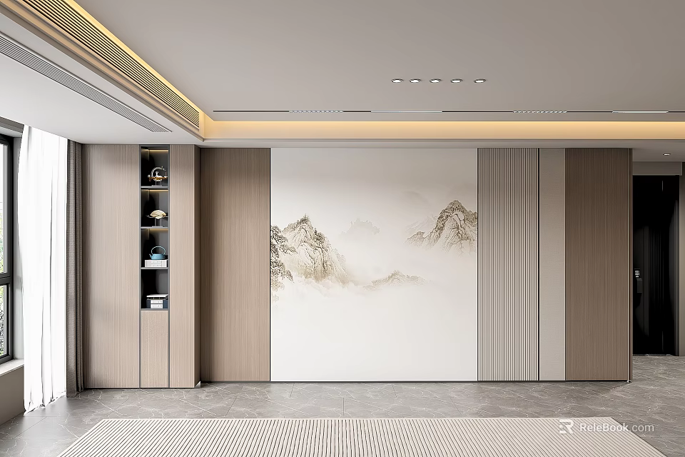 Modern Sofa Backdrop Wall With Mountain Landscape Painting Wooden Panels And Ambient Lighting 3d model 