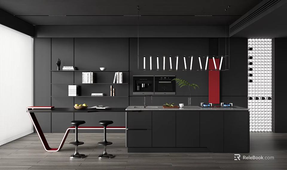 Modern Black Kitchen Interior With Island Counter Pendant Lights Black Cabinets And Bar Stools 3d model 