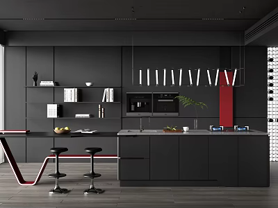 Modern Black Kitchen Interior With Island Counter Pendant Lights Black Cabinets And Bar Stools 3d model