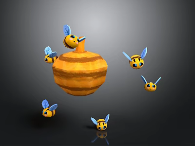 Yellow Honeycomb Structure Surrounded by Flying Small Bees with Blue Wings 3d model
