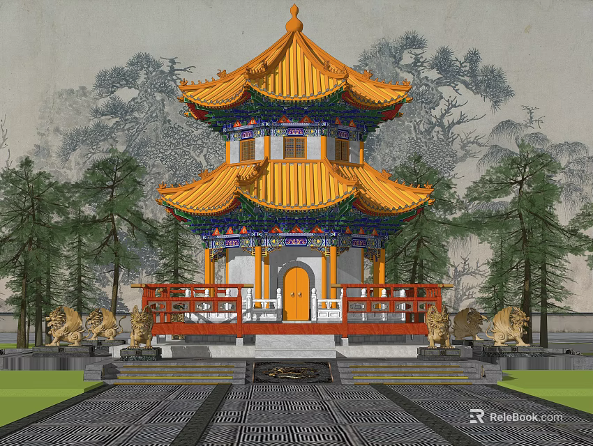 Ancient Chinese Architecture With Multi tiered Golden Roof Red Railings Stone Lions Surrounded By Trees 3d model 
