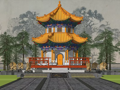 Ancient Chinese Architecture With Multi tiered Golden Roof Red Railings Stone Lions Surrounded By Trees 3d model