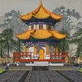 Ancient Chinese Architecture With Multi tiered Golden Roof Red Railings Stone Lions Surrounded By Trees