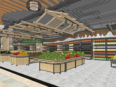Supermarket Grocery Store With Fresh Fruits Vegetables Shelves And Wooden Ceiling 3d model
