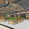 Supermarket Grocery Store With Fresh Fruits Vegetables Shelves And Wooden Ceiling