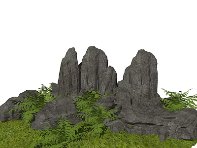 Natural Garden Ornament Featuring Gray Rocks Green Ferns And Lush Grass 3d model