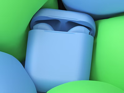 Stylish Blue Wireless Earbuds Case Surrounded by Green and Blue Spheres 3d model