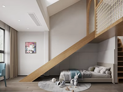 Modern Kids Room Interior With Wooden Staircase Bed Pillows And Toys On Round Rug 3d model