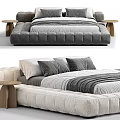 Gray and Beige Double Bed with Padded Frame Striped Bedding Pillows and Wooden Side Table