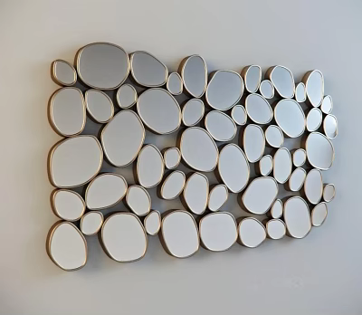 Elegant Wall Decor Composed of Multiple Oval and Round Silver Mirrors on White Wall 3d model
