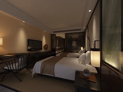 Modern Hotel Guest Room With Double Bed Nightstand Lamp TV Desk And Cozy Atmosphere 3d model