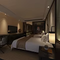 Modern Hotel Guest Room With Double Bed Nightstand Lamp TV Desk And Cozy Atmosphere
