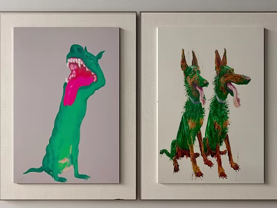 Abstract Painting Of Green Dogs With Open Mouth Pink Tongue On Light Background Canvas Art 3d model
