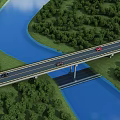 Modern Highway Bridge over River with Green Forest Blue Sky White Clouds and Moving Vehicles