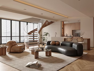Modern Duplex Living Room Interior With Staircase Leather Sofa Coffee Table And Rug 3d model