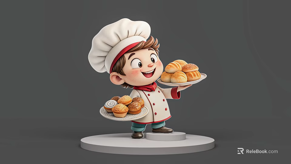 Man Chef in White Uniform and Hat Holding Trays with Fresh Bread Rolls and Pastries 3d model 