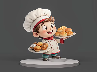 Man Chef in White Uniform and Hat Holding Trays with Fresh Bread Rolls and Pastries 3d model