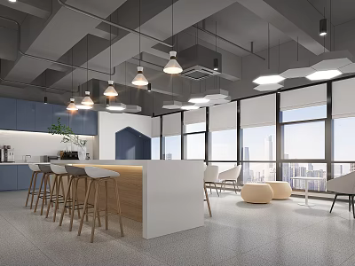 Modern Office Break Room With Blue Cabinets Bar Stools Large Windows And City View 3d model