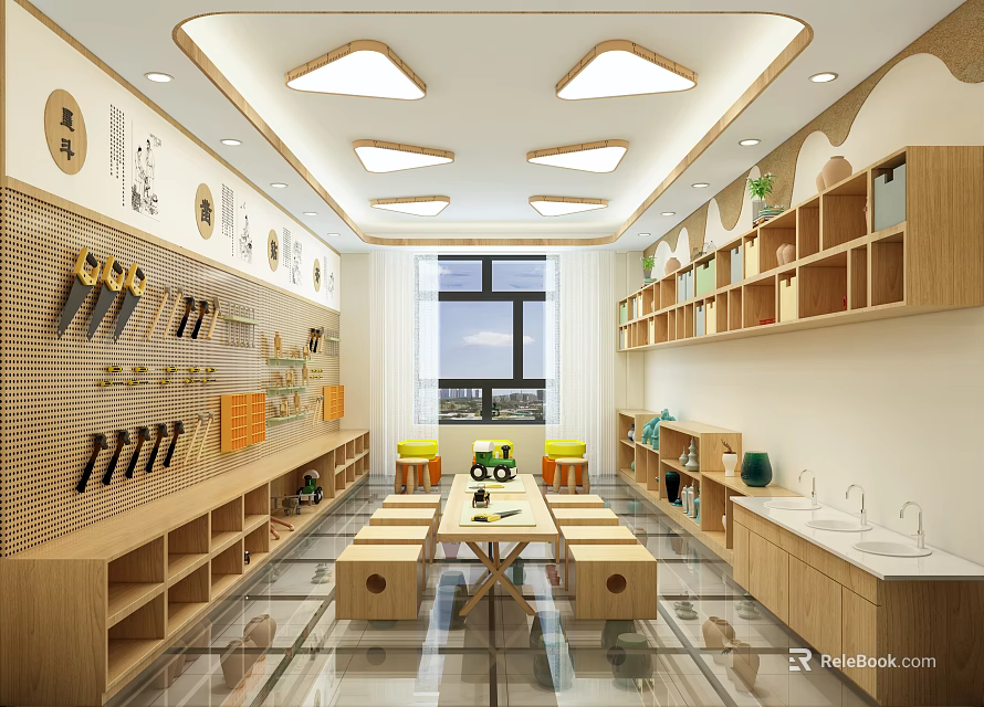 Bright School Creative Learning Space with Wooden Shelves Books Plants and Long Table 3d model