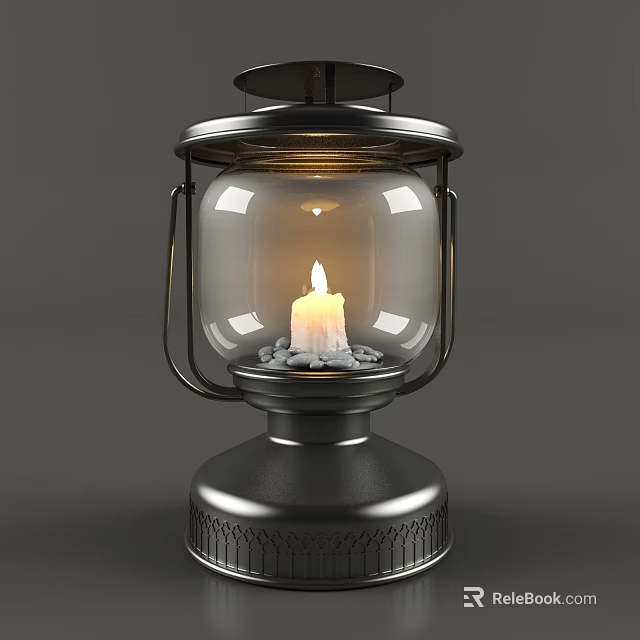 Classic Metal Candle Lantern With Glass Shade Lit Candle And Small Stones Inside 3d model 