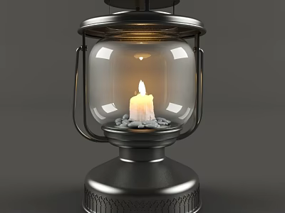 Classic Metal Candle Lantern With Glass Shade Lit Candle And Small Stones Inside 3d model