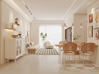 Modern Living Dining Room Interior Design With Sofa Dining Table Chairs Plants And Artworks 3d model