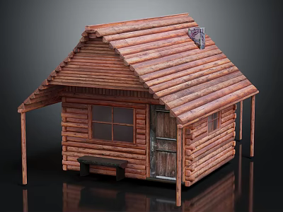 Rustic Log Cabin Exterior With Sloped Roof Small Chimney Porch Bench Wooden Door and Window 3d model
