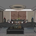 Modern Chinese Private Dining Room With Round Table Chandelier Tea Set And Wooden Furniture