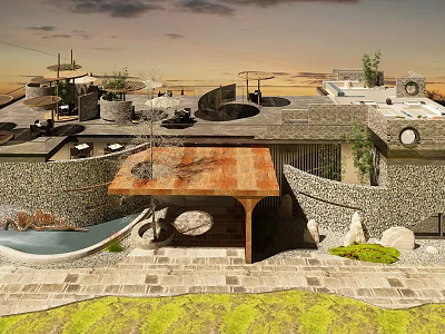 Outdoor Relaxation Area With Stone Walls Wooden Pavilion Water Feature And Green Plants 3d model
