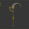 3D Model Decorative Scythe Equipment With Gear Brown Pole And Yellow Ornament