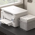 White Multifunctional Office Appliance Printer on Desk with Metal Basket and Documents