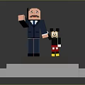 Pixel Style Train Model With Character Statue And Mickey Mouse On White Base