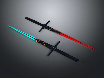 Two Decorative Illuminated Swords with Blue Red Light and Ornate Handle Designs 3d model