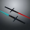 Two Decorative Illuminated Swords with Blue Red Light and Ornate Handle Designs