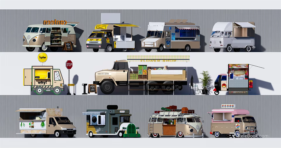 Diverse Mobile Functional Vehicles with Awnings Storage Shelves and Commercial Features 3d model 