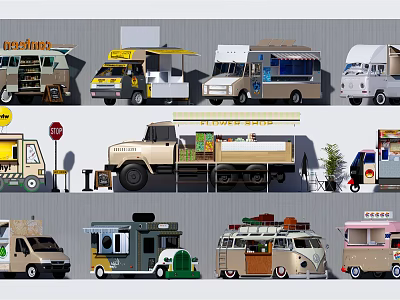 Diverse Mobile Functional Vehicles with Awnings Storage Shelves and Commercial Features 3d model